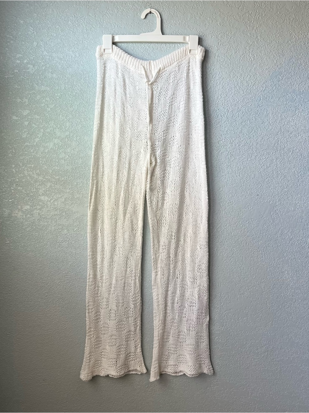 White Crochet Knit Wide Leg Beach Cover Up Pants Boho Festival Size S